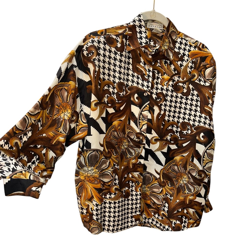 Express Vintage 90s houndstooth baroque rich print blouse top XS oversized